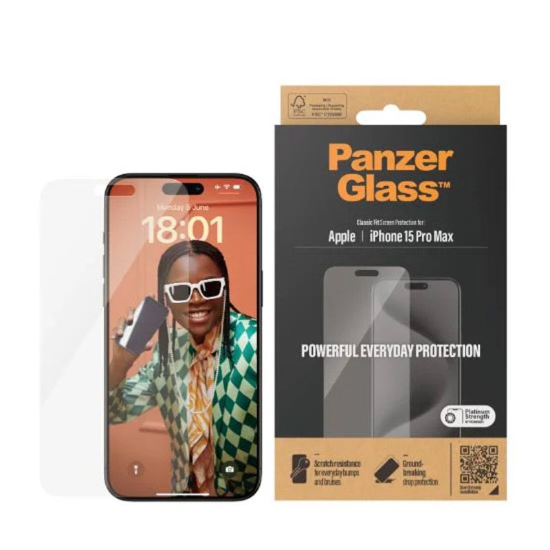 PanzerGlass Screen Protector for iPhone 15 Pro Max - Ultra-Wide Fit, Scratch-Resistant Tempered Glass, Privacy Protection, with Easy Mounting Aid